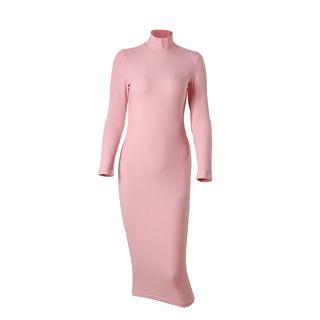 Turtleneck Long-sleeve Midi Sheath Dress