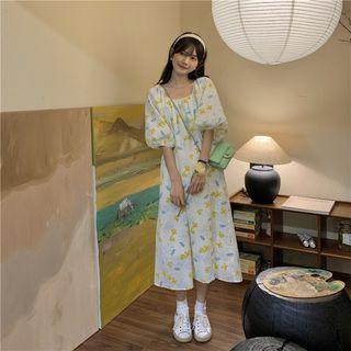 Puff-sleeve Square-neck Floral Print Dress White - One Size