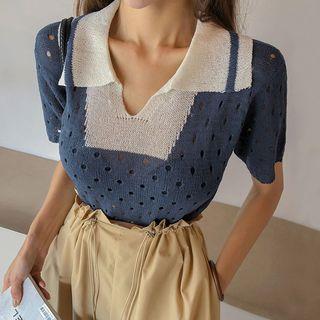 Contrast-collar Pointelle Knit Top