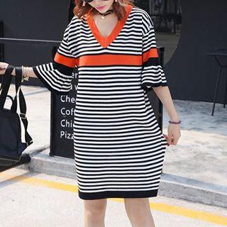 Elbow-sleeve Striped V-neck Dress