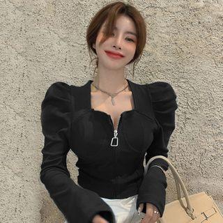 Puff-sleeve Half-zip Plain Top