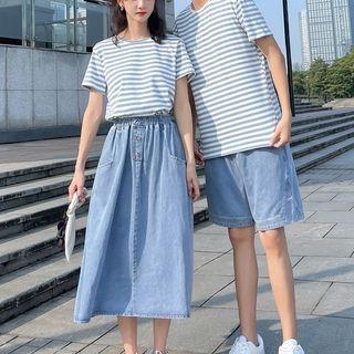 Couple Matching Short-sleeve Striped T-shirt / Denim Skirt / Shorts