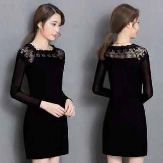 Square Collar Tulle Panel Sheath Dress