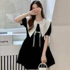 Puff-sleeve Bow Collared A-line Dress