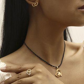 Set: Heart Pendant String Necklace + Ring + Bracelet + Earring 01 - Set - Black & Gold - One Size