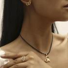Set: Heart Pendant String Necklace + Ring + Bracelet + Earring 01 - Set - Black & Gold - One Size