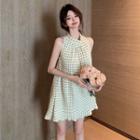 Two-tone Checker Ruched A-line Halter Dress