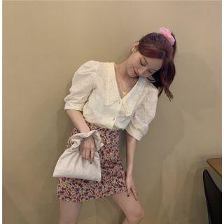 Elbow-sleeve Button-up Blouse Almond - One Size