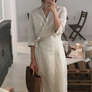Striped 3/4-sleeve Midi Wrap Dress Stripe - One Size