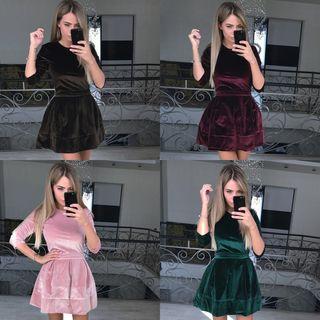 Velvet 3/4-sleeve Tie-waist A-line Dress