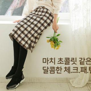 Checked Wool Blend Knit Skirt