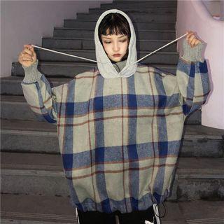 Turtleneck Boxy Plaid Hoodie As Shown In Figure - One Size