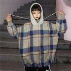Turtleneck Boxy Plaid Hoodie As Shown In Figure - One Size