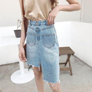 Asymmetric Washed Straight-fit Denim Skirt