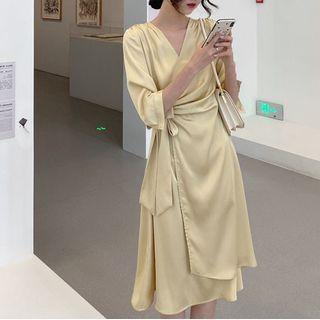 Tie-waist Elbow-sleeve Midi Shift Dress
