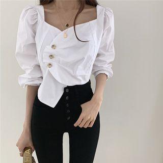 Puff-sleeve Square Neck Asymmetric Blouse