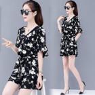 Print V-neck Loose-fit Short-sleeve Jumpsuit