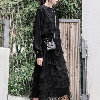 Long-sleeve Dotted Mesh Panel Midi Tiered Dress