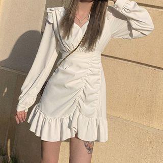 V-neck Shirred Ruffle Trim Mini A-line Dress