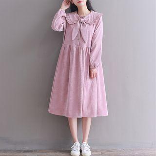 Ruffled Collar Bow Accent Corduroy Dress