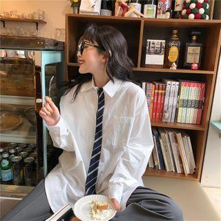Plain / Plaid Long-sleeve Shirt With Tie