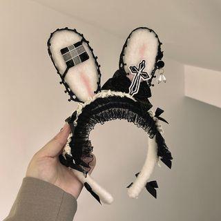 Rabbit Ear Fabric Face Wash Headband Black & White - One Size