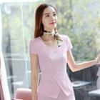 Slim-fit Short-sleeve Peplum Top Wtih Neck Scarf / High Waist Pencil Skirt / Cropped Dress Pants / Set