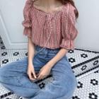 Check Bell-sleeve Blouse As Figure - One Size