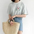 Striped Flower Embroidered Loose-fit Short-sleeve T-shirt