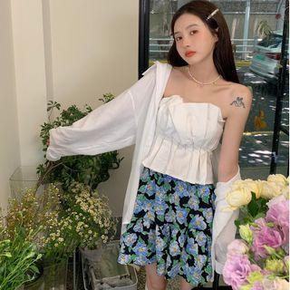 Ruffle Tube Top / Floral Print A-line Skirt