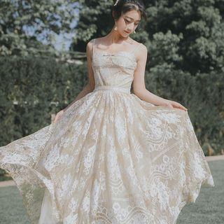 Spaghetti-strap Floral Mesh Lace Long Dress
