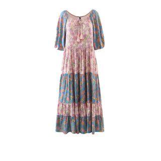 Short-sleeve Tasseled Floral Print Tiered Midi A-line Dress