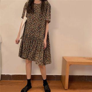 Floral Short-sleeve Dress Black - One Size