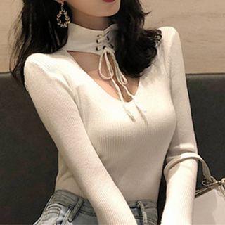 Lace-up Choker-neck Long-sleeve T-shirt