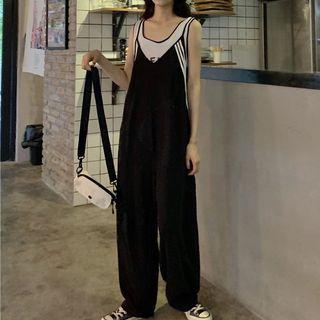 Striped V-neck Jumpsuit Black - One Size