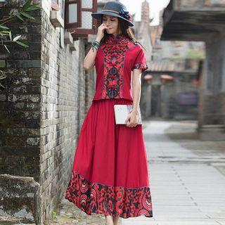 Set: Short-sleeve Mandarin Collar Top + A-line Midi Skirt