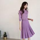 Set: Round-neck Cardigan + Pleated Knit Skirt