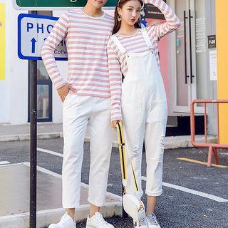 Couple Matching Long-sleeve Striped T-shirt/ Distressed Dungaree/ Plain Cropped Jeans