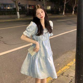 Puff-sleeve Tiered A-line Dress Blue - One Size