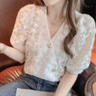 Puff-sleeve V-neck Faux Pearl Embroidered Flower Blouse