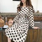 Dot Long-sleeve Loose-fit Dress White - One Size