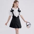Puff-sleeve Bow Accent Shirt / Mini Overall Dress