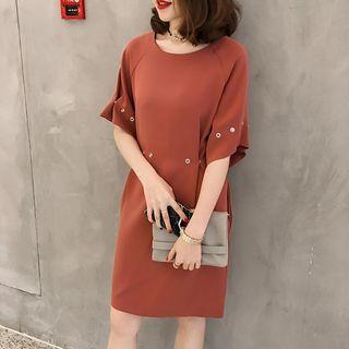 Buttoned Elbow-sleeve Chiffon Shift Dress