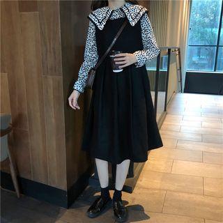 Long Sleeve Heart Print Blouse / Pleated Pinafore Dress