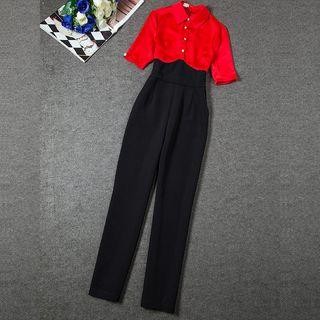 Color Block Short-sleeve Jumpsuit