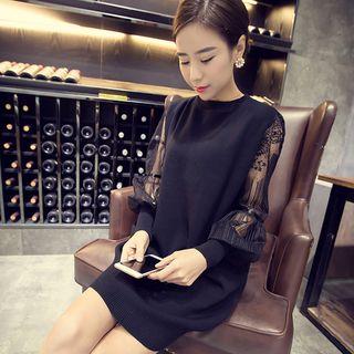 Lace Panel Long Sleeve Sweater Dress