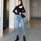 Off-shoulder Turtleneck Plain Knit Top / High-waist Jeans With Belt