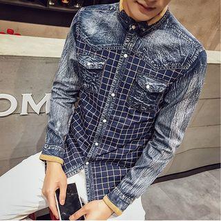 Plaid Panel Long-sleeve Denim Shirt