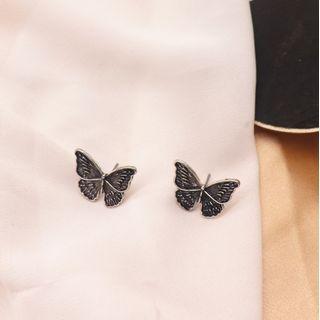 Butterfly Stud Earring 1 Pair - Silver & Black - One Size