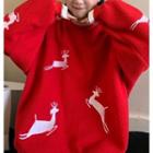 Long-sleeve Deer Embroidered Fleece Sweatshirt